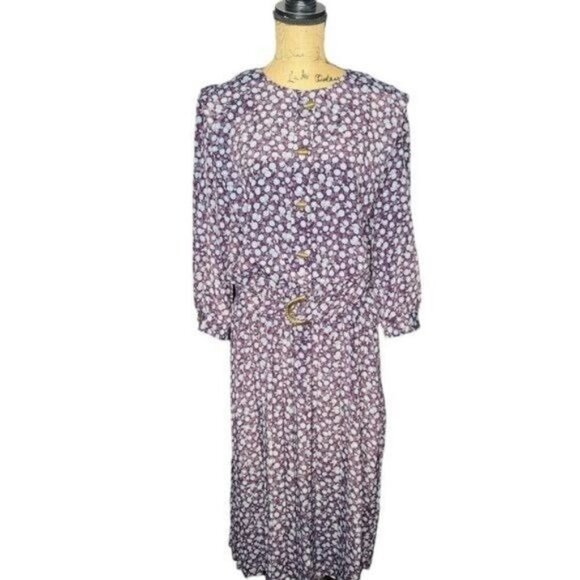 Vintage 80s Blue Poppy Floral Shirt Waist Belted Boho Dress - Picture 1 of 15